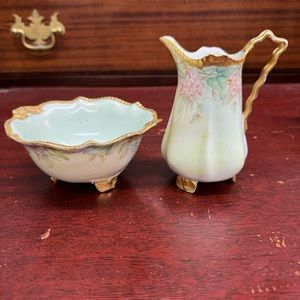 Antique Creamer & Sugar Bowl Set With Pink Flowers and Gold Detailing Circa 1916